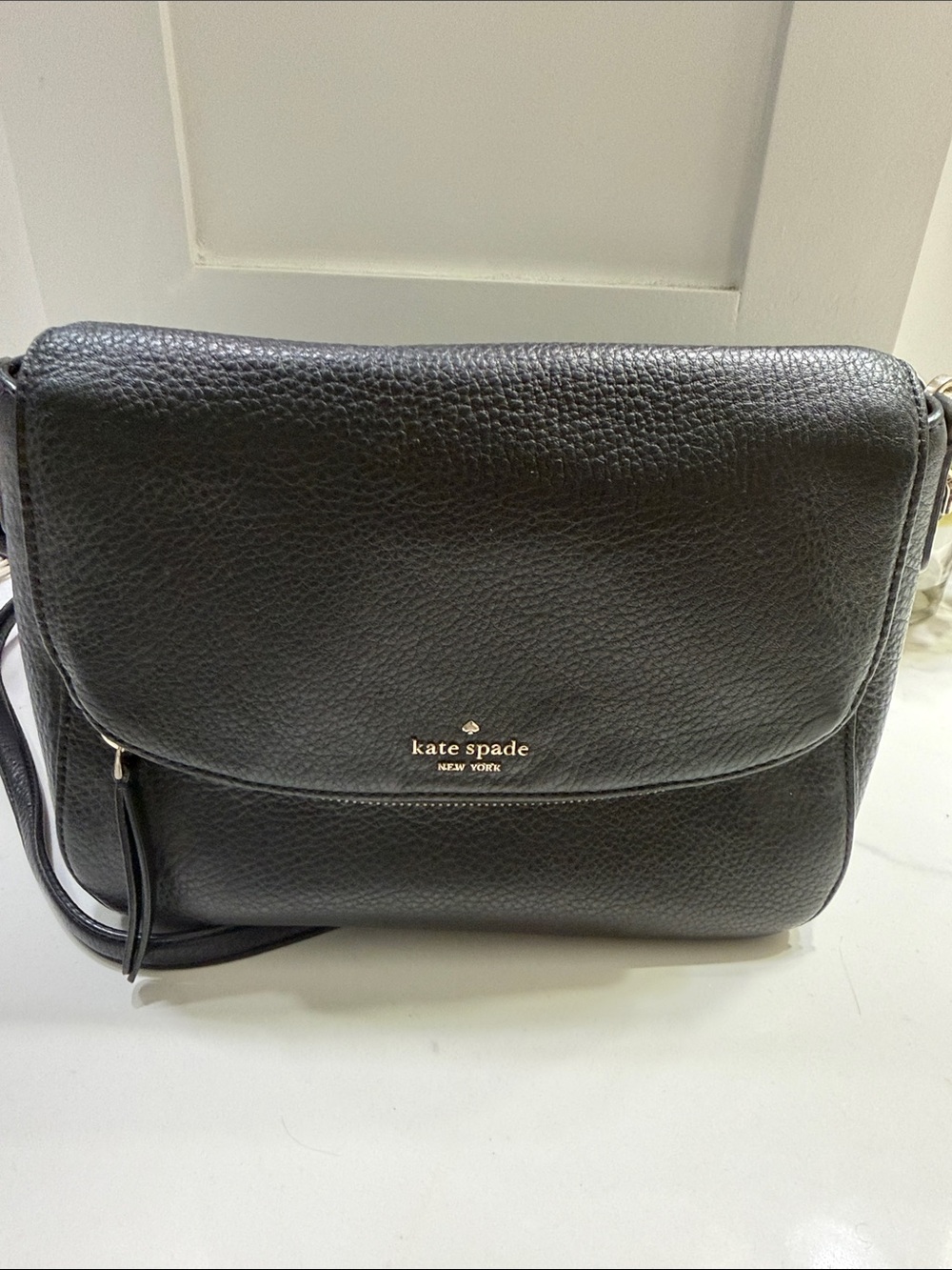 kate spade Black Pebbled Leather Flap Crossbody with Gold Logo